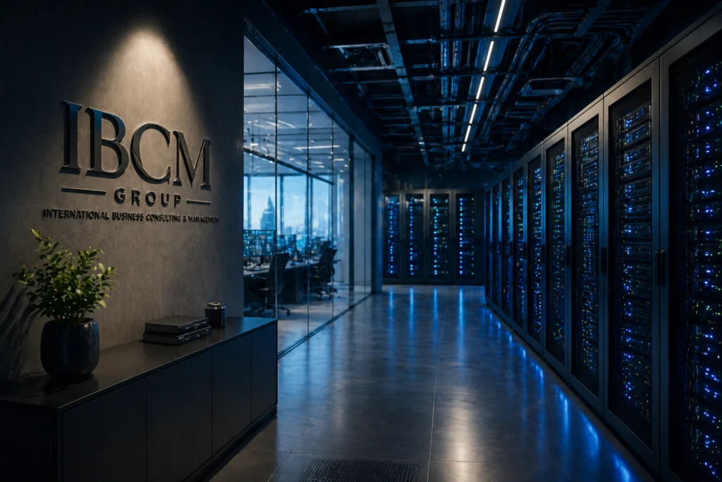 Moderner Serverraum mit Hochleistungs-Infrastruktur, vernetzten Systemen und integriertem IBCM Group Logo in einem professionellen Unternehmensumfeld