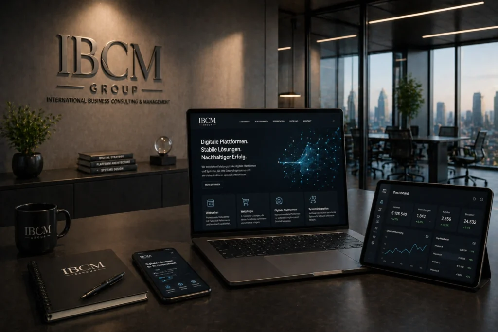 Moderner Arbeitsplatz mit Laptop, Tablet und Smartphone zur Darstellung digitaler Plattformen und Systeme, eingebettet in ein hochwertiges Büro mit IBCM Group Logo im Hintergrund
