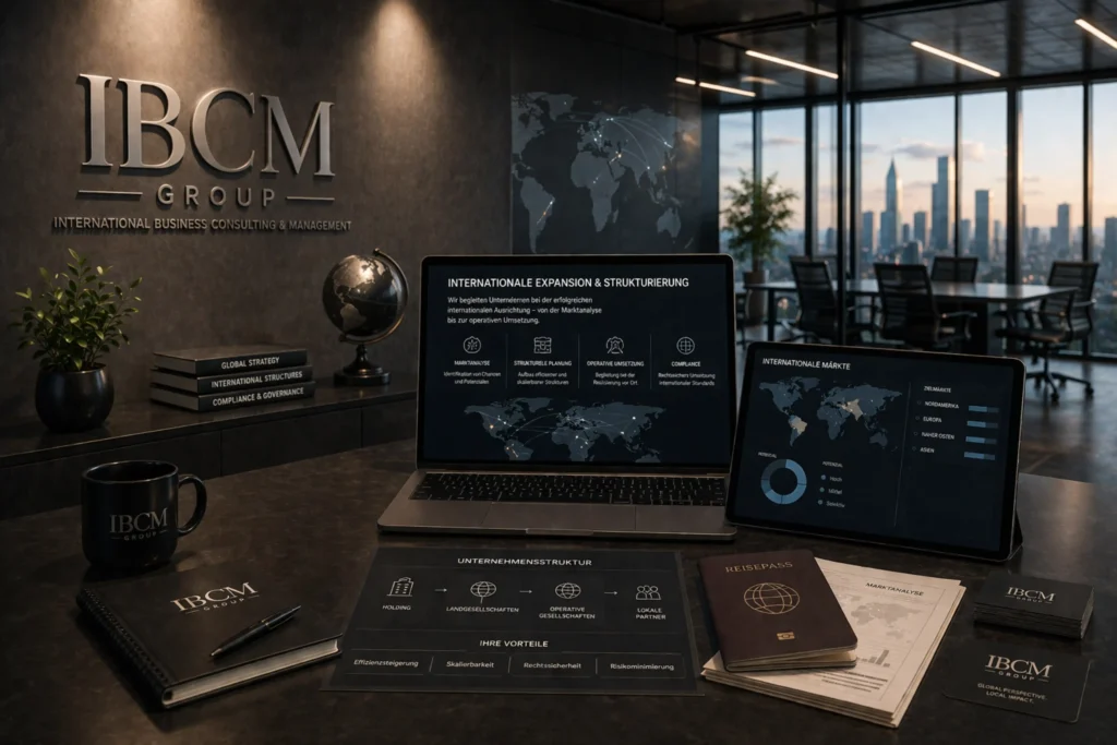 Modernes Büro mit globalen Marktanalysen auf Laptop und Tablet, Weltkarte und internationale Verbindungen visualisiert, ergänzt durch das IBCM Group Logo im Hintergrund