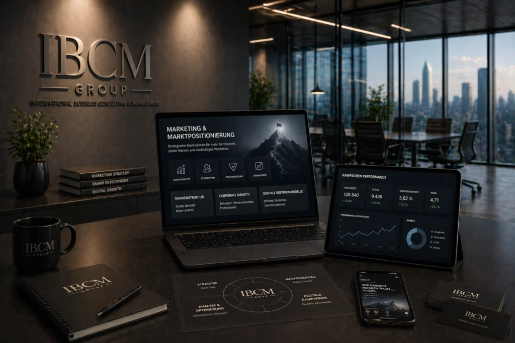 Moderner Arbeitsplatz mit Laptop, Tablet und Smartphone zur Darstellung von Marketingstrategien und Kampagnenanalysen, ergänzt durch IBCM Group Branding in einem hochwertigen Büro
