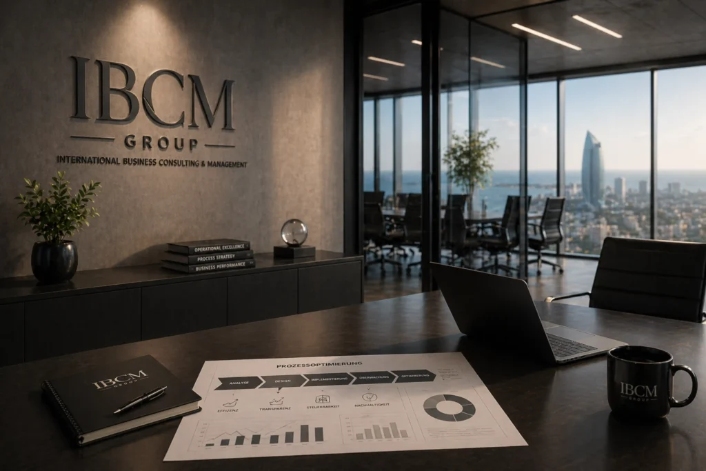Modernes Beratungsbüro mit Analyseunterlagen zur Prozessoptimierung auf dem Tisch, Laptop und dezent platziertem IBCM Group Logo in einem professionellen Umfeld