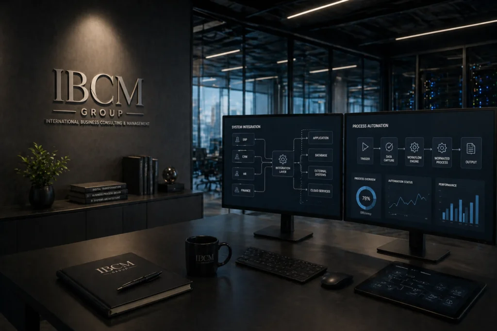 Modernes Büro mit integrierten System-Dashboards auf mehreren Bildschirmen, vernetzte Prozesse und dezent eingebundenes IBCM Group Logo im Hintergrund