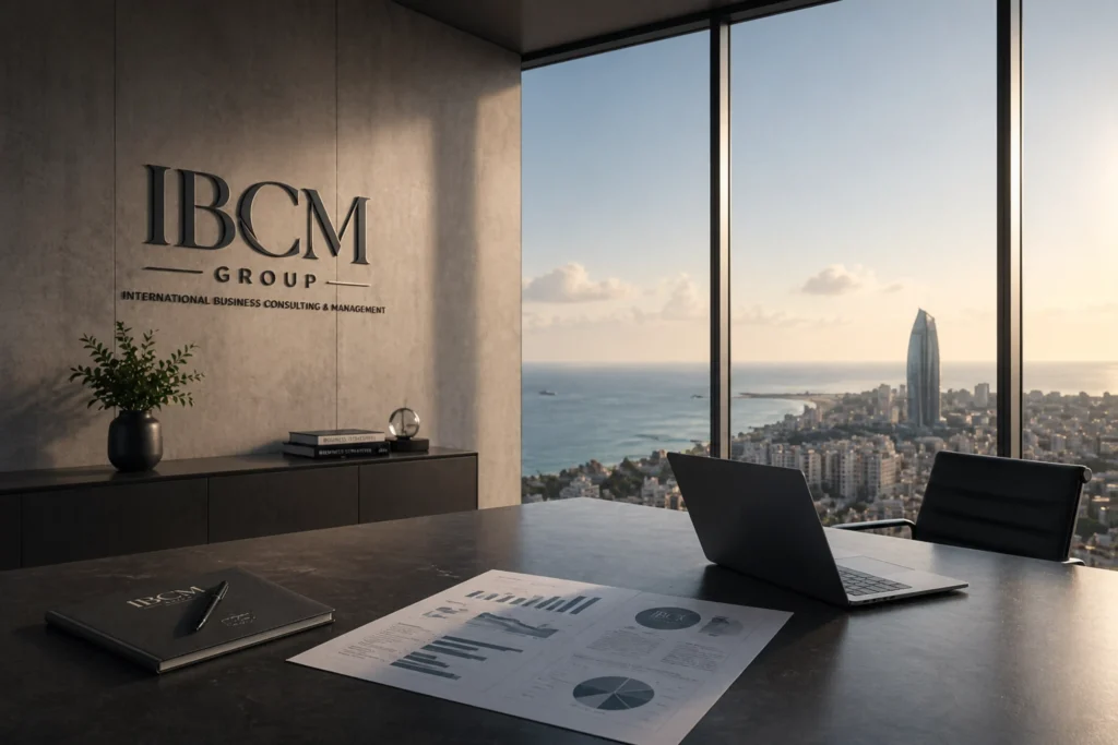 Modernes Beratungsbüro mit Blick auf eine Küstenstadt, Laptop und strategische Unterlagen auf einem Konferenztisch, IBCM Group Logo dezent im Raum integriert